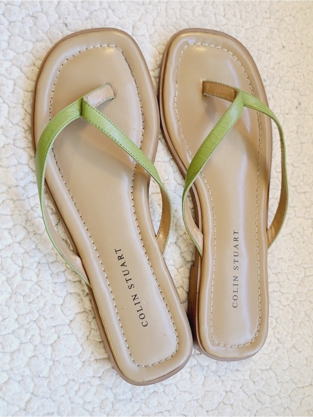 Colin Stuart green leather thong flat sandals